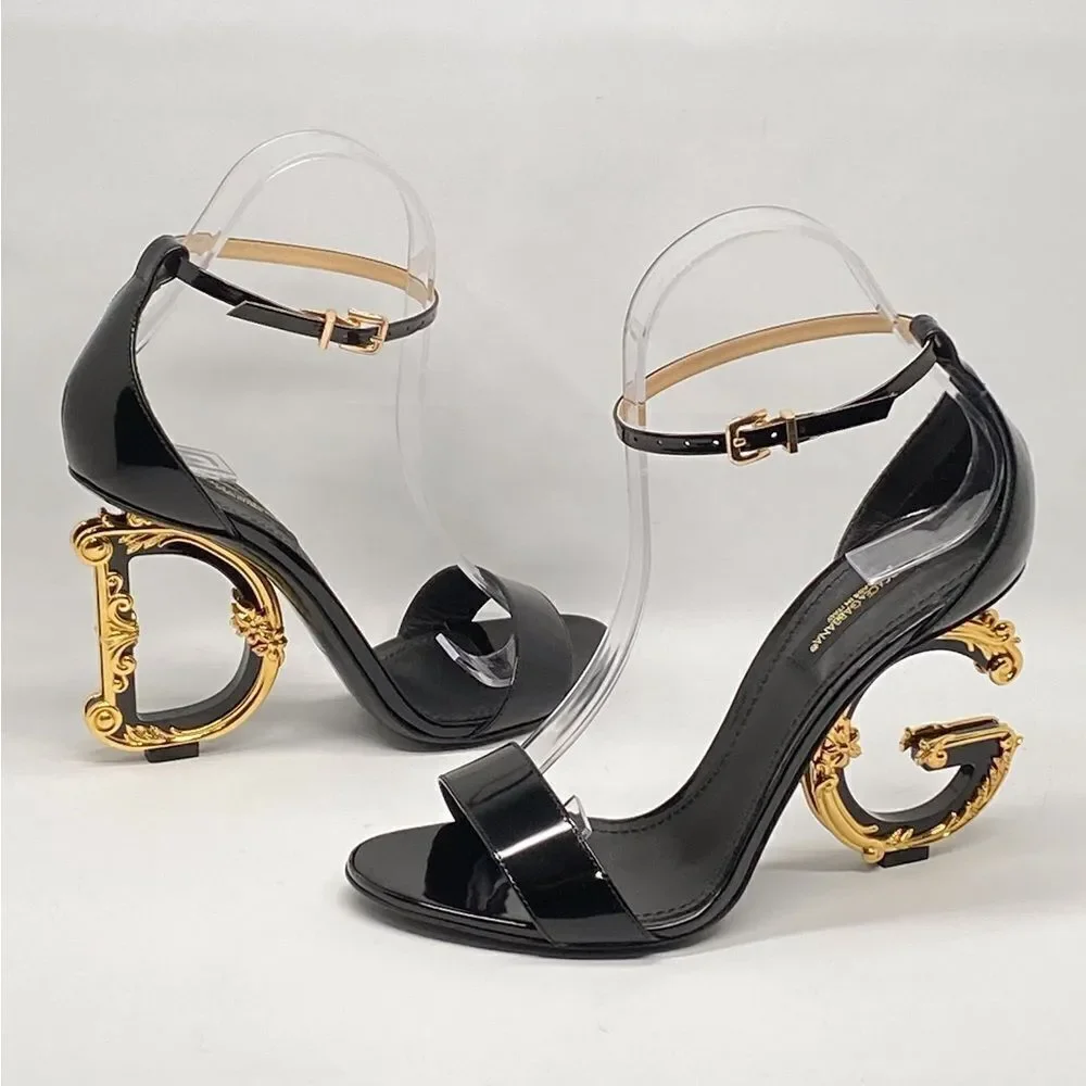 Dolce&Gabbana Sculpted-Heel Baroque DG Leather Sandals size 37 - Picture 6 of 13